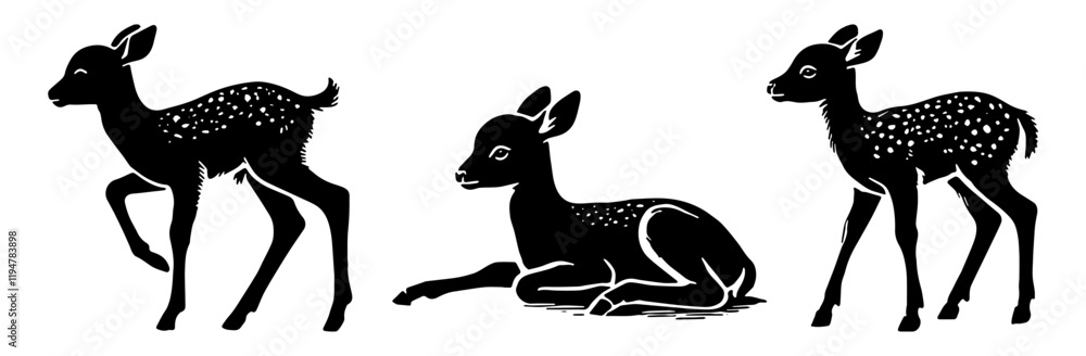 Fototapeta premium Fawns Silhouette Set for Wildlife, Nature, Cute Animal Flat Vector Illustration