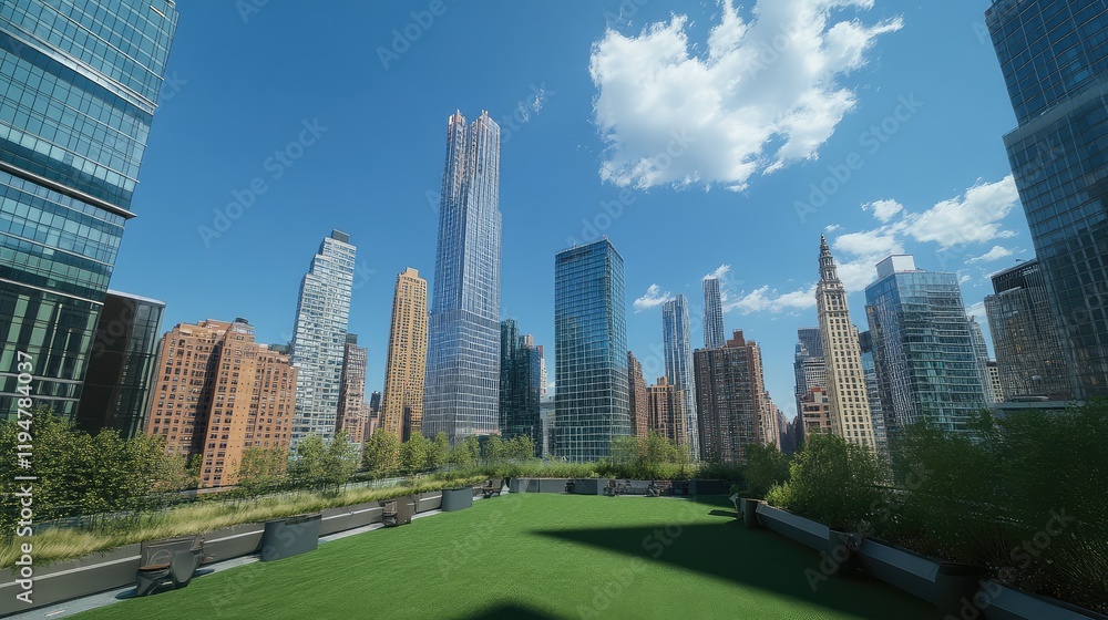 Obraz premium Wide-angle shot of a contemporary office complex with tall buildings, green lawns, and clear skies. Ample space for overlays.