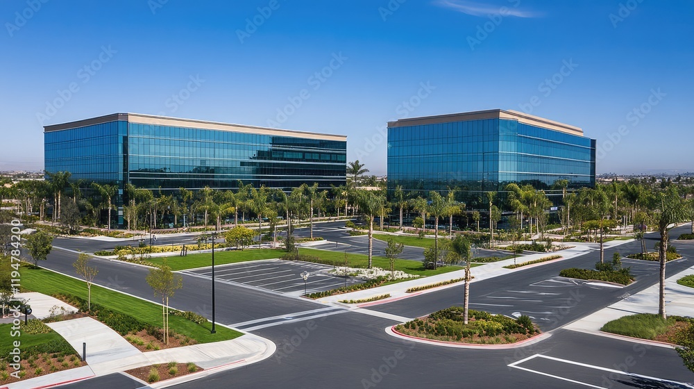 Wide-angle view of sleek office buildings in a modern business park, surrounded by landscaped paths and green lawns. Wide-angle view of sleek office buildings in a modern business park, surrounded by landscaped paths and green lawns.