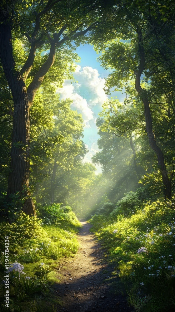 Obraz premium Enchanting forest path illuminated by sunlight nature scene wildflower lined trail tranquil environment serene viewpoint harmony with nature