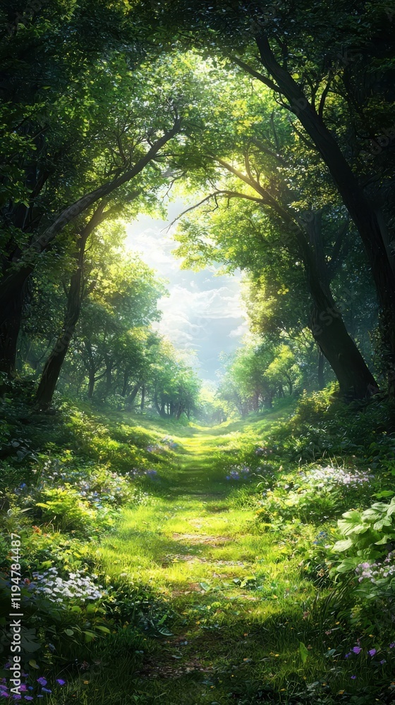 Fototapeta premium Sunlit enchantment forest pathway illuminated by wildflowers nature scene lush environment serene viewpoint harmony in nature