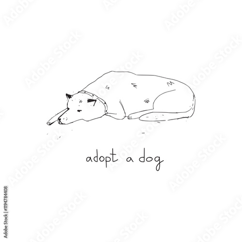 Hand-drawn illustration of a resting dog with the message “Adopt a Dog.” The simple and heartfelt design. Pet adoption, animal rescue campaigns, pet shelters, educational materials.