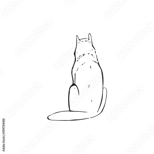 A minimalist black-and-white illustration of a dog sitting with its back turned, isolated on a white background.