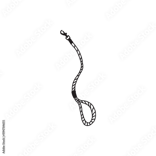 A minimalistic drawing of a dog leash, featuring a looped handle and a secure clip for attachment. Suitable for pet-themed designs or educational materials.