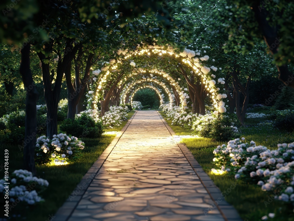 Fototapeta premium Enchanting garden pathway illuminated by blooming flowers evening ambiance landscape photography serene environment captivating viewpoint