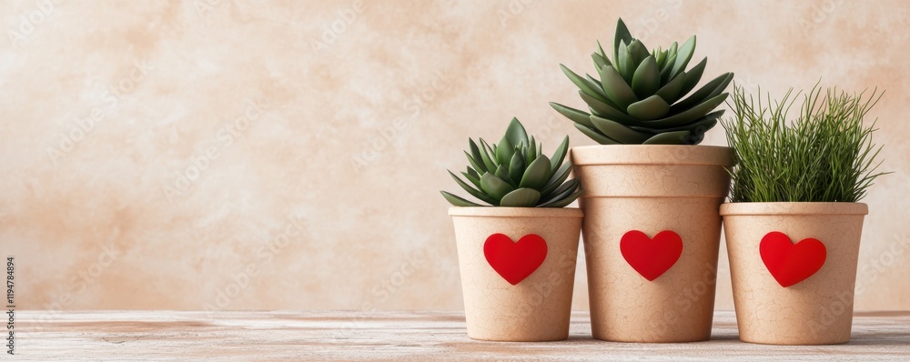 Sustainable gift for eco friendly Valentine's Day concept. Potted plants with red heart decorations on a textured background Sustainable gift for eco friendly Valentine's Day concept. Potted plants with red heart decorations on a textured background