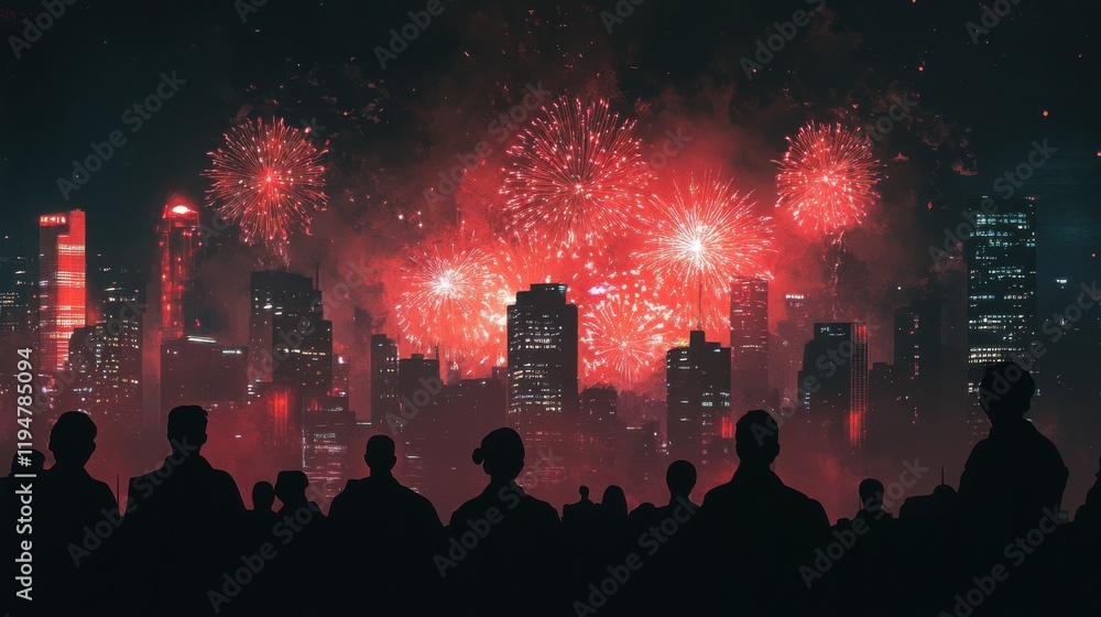 Bustling Night Cityscape with Illuminated Fireworks Display Bustling Night Cityscape with Illuminated Fireworks Display