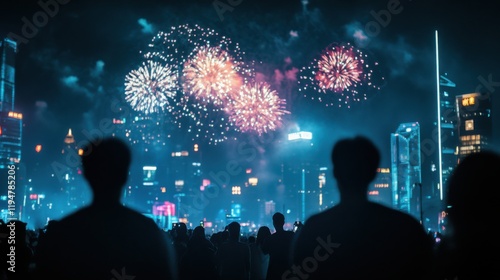 Vibrant Cityscape at Night with Fireworks Over Illuminated Skyline