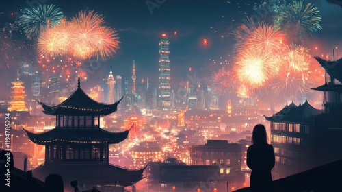 Bustling Cityscape at Night with Bright Illuminations and Fireworks