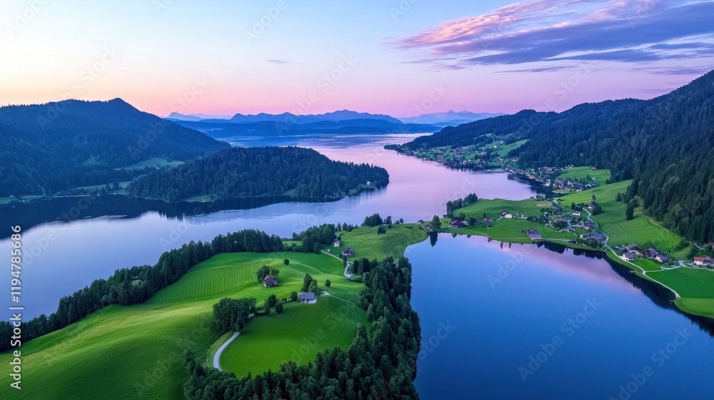 Naklejka premium Serene landscape featuring a lake, hills, and villages at sunset.