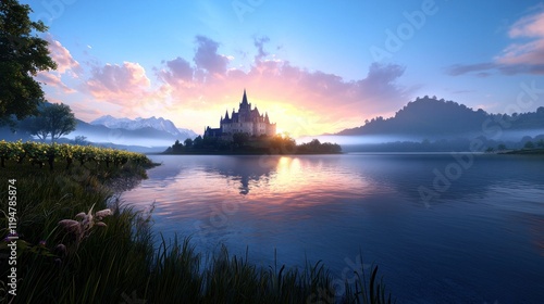 A serene castle at sunrise, reflecting in a tranquil lake.