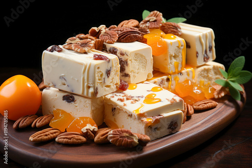 A stack of Italian torrone sits enticingly on a wooden board, ad