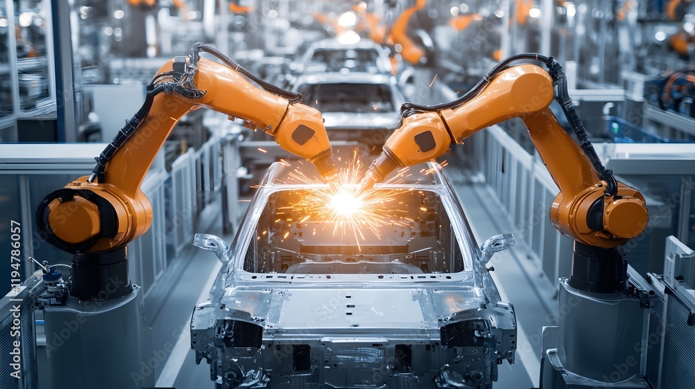 A robotic welding arm assembling vehicle components in an automotive production line, surrounded by a structured industrial setting. The glowing sparks and sleek machinery highlight innovation A robotic welding arm assembling vehicle components in an automotive production line, surrounded by a structured industrial setting. The glowing sparks and sleek machinery highlight innovation