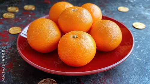 Cluster of Glistening Oranges on Bright Red Plate Against Dark Background