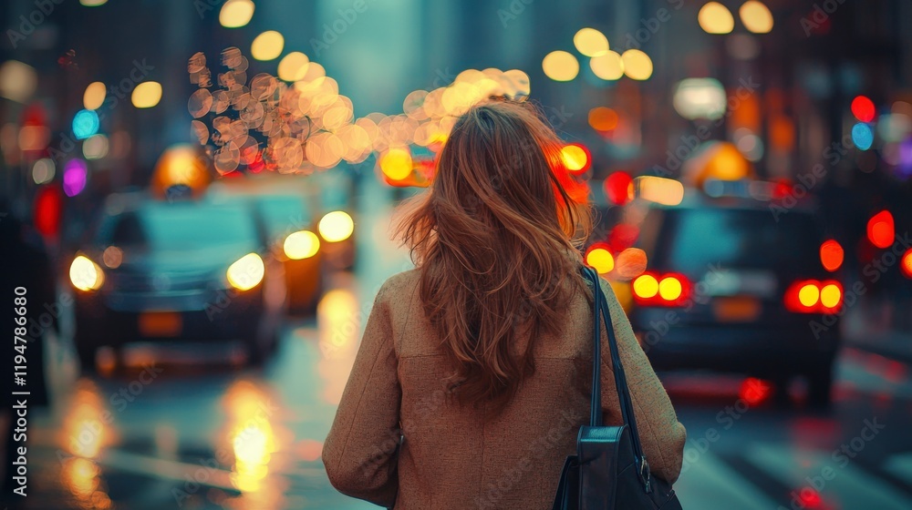 The image features a woman in a brown coat standing amid a bustling city street during dusk, surrounded by the glow of moving vehicles and street lights. The image features a woman in a brown coat standing amid a bustling city street during dusk, surrounded by the glow of moving vehicles and street lights.