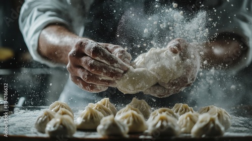 Skillful Chefs Hands Kneading Dough in a Floury Kitchen Scene