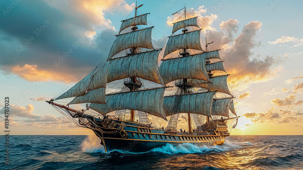 Fototapeta premium Beautiful old sailboat in sunset rays on the sea, old sailing brigantine