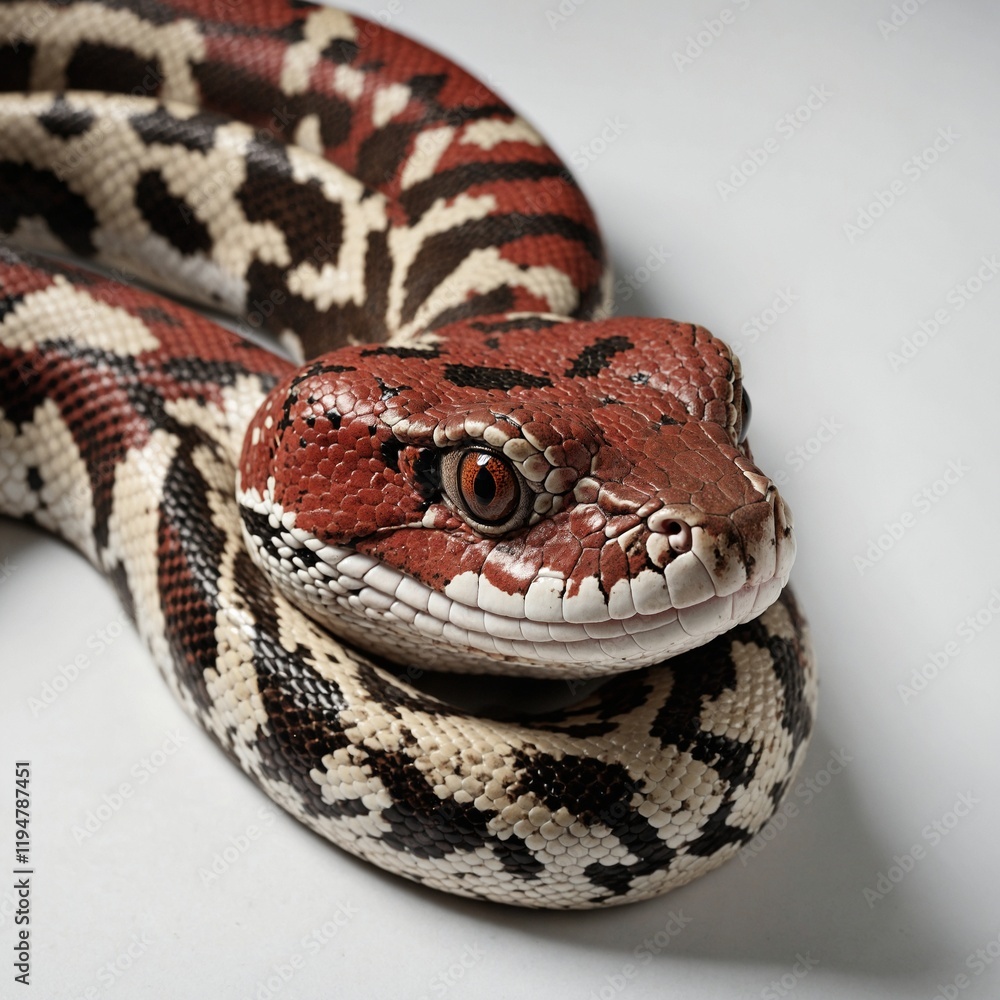 A red-tailed boa with its distinctive red markings on a white background.
A red-tailed boa with its distinctive red markings on a white background.