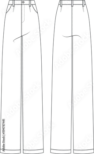 high rise high waist zippered straight wide leg tailored darted pant trouser jean denim cotton template technical drawing flat sketch cad mockup fashion woman design style model 
