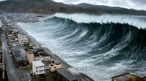Wallpaper Mural An ominous tsunami wave rushes toward the coast, with its curling peak and frothy waters threatening everything in its path. The dramatic composition emphasizes the unstoppable and destructive  Torontodigital.ca