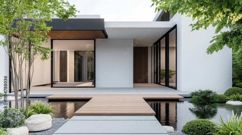 Fototapeta premium Contemporary Architectural Design with Minimalist Aesthetic Featuring Water and Greenery Elements