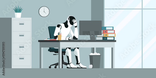 Depressed exhausted AI robot working in the office