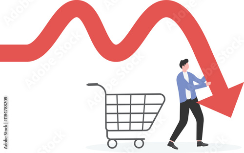 Crisis and rising commodity prices concept. Politician prevents huge arrow from growing upwards.recession Inflation.
