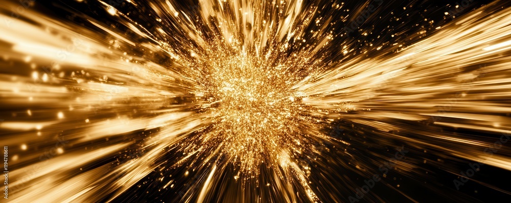 Obraz premium Abstract gold glitter explosion on a black background, elegant festive design, dynamic visual energy.