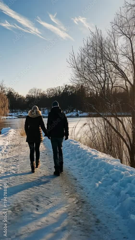 Couple walks hand in hand along a snowy path beside a frozen lake on a sunny winter afternoon Couple walks hand in hand along a snowy path beside a frozen lake on a sunny winter afternoon