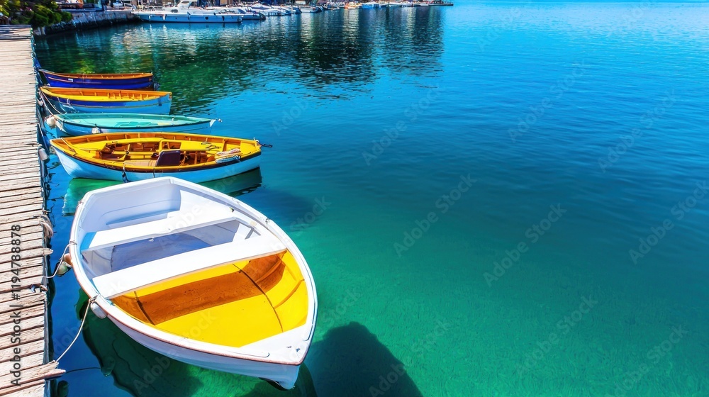 Colorful boats docked by a serene blue lake. Colorful boats docked by a serene blue lake.
