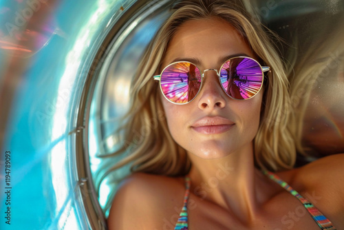 Woman in White Bikini Using a Tanning Bed in a Modern Salon Sett