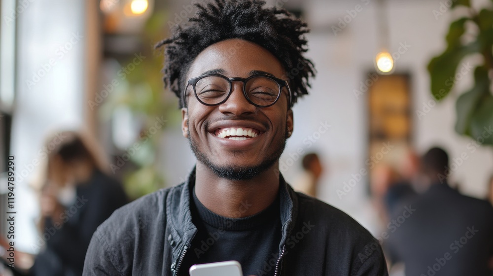 Happy young man smiling while holding a phone Happy young man smiling while holding a phone
