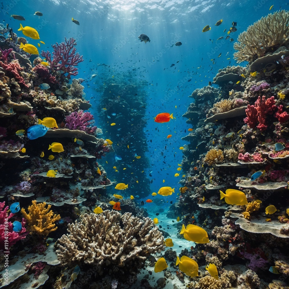 Naklejka premium A colorful reef teeming with exotic fish species, surrounded by coral shaped like underwater skyscrapers.