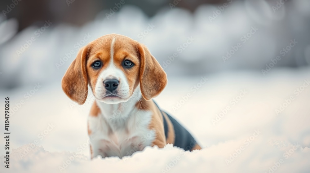 A tiny beagle puppy experiencing the joy of snow on a chilly winter day, playfully loosening up while exploring its snowy surroundings A tiny beagle puppy experiencing the joy of snow on a chilly winter day, playfully loosening up while exploring its snowy surroundings