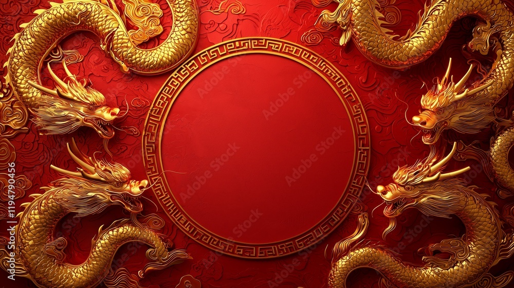 Golden Dragons On Red Background With Circular Space For Text Golden Dragons On Red Background With Circular Space For Text