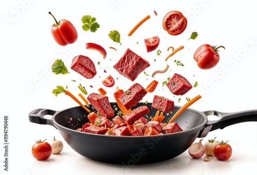 Fresh vegetables and beef chunks dynamically tossed in a sizzling skillet, creating a colorful culinary explosion. photo