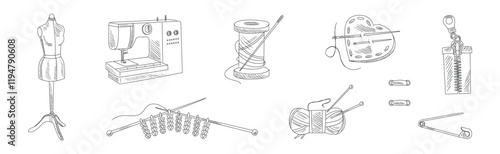 Sewing and Needlework Line Sketch Object and Element Vector Set