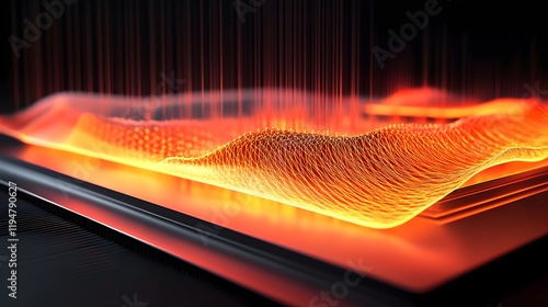 A graphic illustration of a heat-resistant composite panel with thermal sensors, visualizing the dissipation of intense heat across its surface under controlled conditions. 