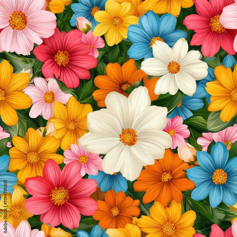 Beautiful Seamless Pattern of Mixed Spring Flowers in Vibrant Colors for Decorative Backgrounds and Nature Inspired Designs Beautiful Seamless Pattern of Mixed Spring Flowers in Vibrant Colors for Decorative Backgrounds and Nature Inspired Designs