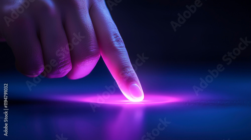 A hand touches a glowing purple light, revealing a futuristic interaction with technology.