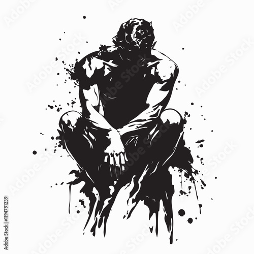 Young Man Sitting with Head Down in Despair Heartbroken Silhouette Vector Illustration with Emotional Depth