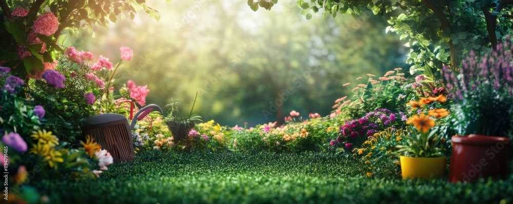 Obraz premium A gardening tools ad with a lush green backdrop and vibrant flowers, 4K photo.