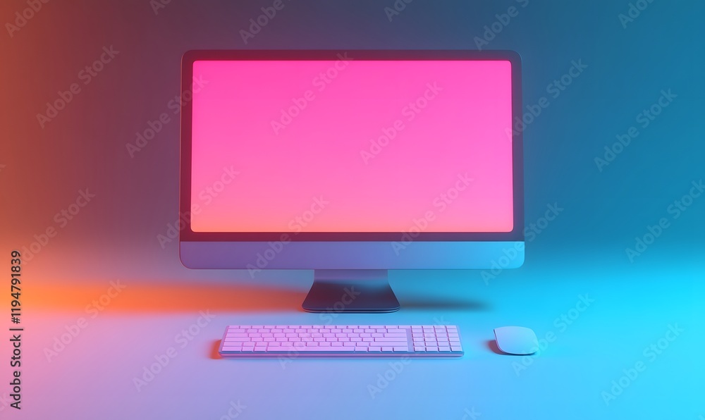 Pink and blue lit desktop computer with keyboard and mouse.