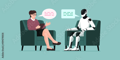 Woman and humanoid AI robot talking together