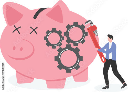 Repairing, Fixing Broken Pink Piggy Bank.Savings.

