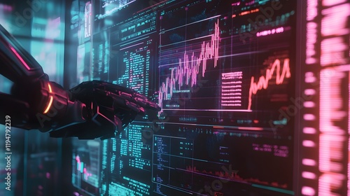 An advanced robot arm inscribing trading strategies on a transparent blackboard, illuminated by neon lights with stock charts and coding lines in the background 