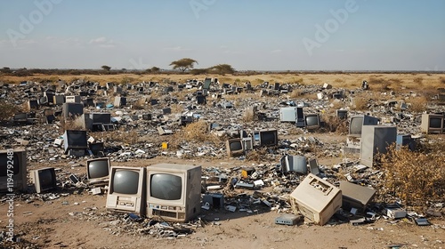 An arid terrain littered with obsolete electronic devices, showcasing the environmental toll of e-waste accumulation and its impact on natural ecosystems  photo