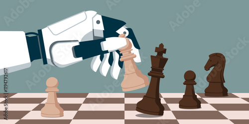 Humanoid AI robot playing chess and winning the game