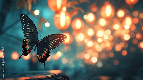Dark butterfly in magical, glowing lantern-lit garden.
