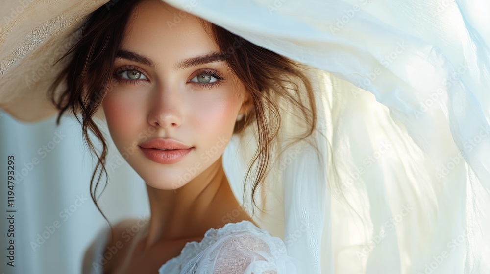 A Beautiful Woman Underneath A Sheer White Hat